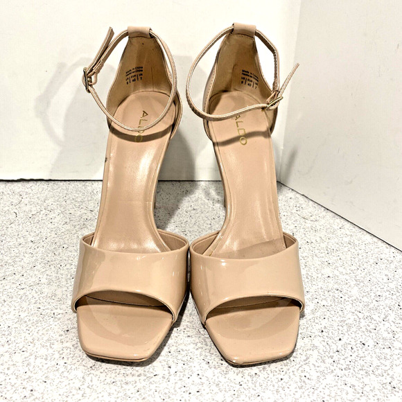 ALDO 9M Nude Patent High Heel Dressy Shoes Open Toe Ankle Strap Sexy Stilettos - Picture 2 of 10
